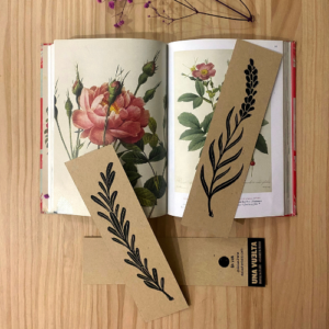 Botanical linocut bookmarks featuring rosemary and lavender designs printed on recycled kraft paper